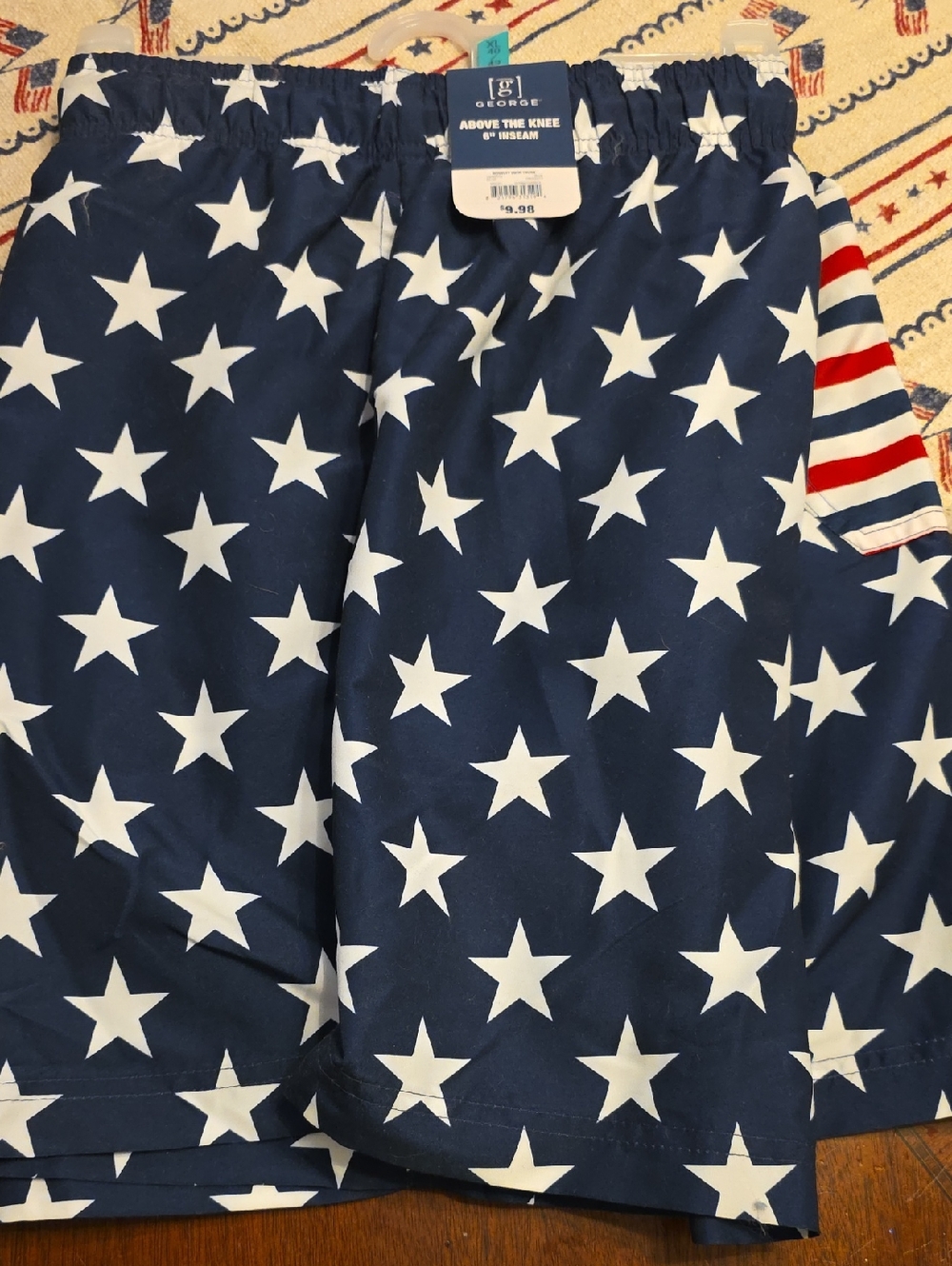 George Navy and White Star-Print Swim Shorts with Red Accent